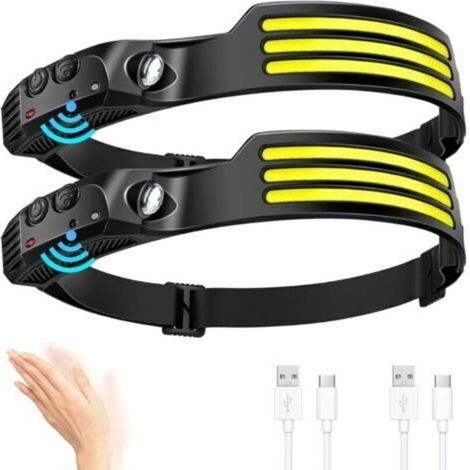 Set mit 2 leistungsstarken LED-Stirnlampen, 1000 Lumen, 3 ultrahelle LEDs, USB-aufladbar, Bewegungssensor, wasserdicht, zum Angeln, Campen, Radfahren und Laufen