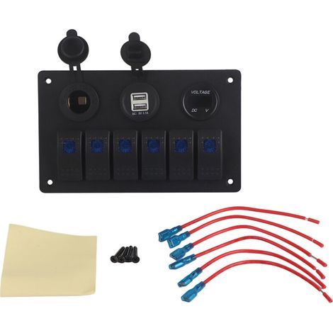 EBTOOLS 12V/24V 6-fach Boots-Elektropanel für Auto, Boot, Marine, Wohnwagen, LED-Wippschalter, zwei USB-Anschlüsse, Voltmeter, Zigarettenanzünder, wasserdichter Wippschalter (1/5)