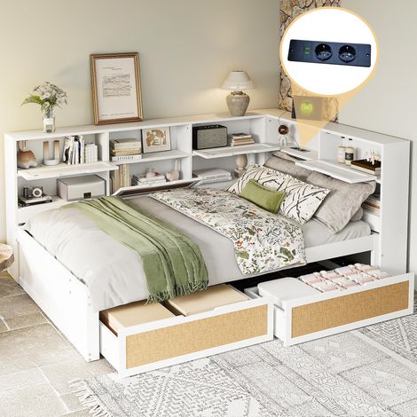 Canapé-lit en bois massif 140x200cm avec tiroir, lit simple multifonctionnel, lit enfant avec de nombreux rangements et port de chargement, blanc, garantie 2 ans