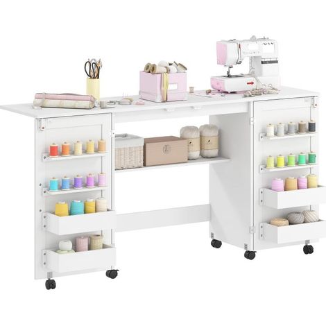 Table de couture pliante avec roulettes, 2 portes magnétiques, 4 bacs, 20 crochets, dimensions 160x40x81,5 cm, couleur blanche. (1/5)