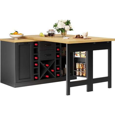 CHICFURN Isla de cocina giratoria 360° 120-223x40x73,8 cm MDF negra con almacenaje y botellero (1/5)