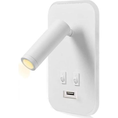 Applique murale LED, liseuse de chevet avec interrupteur, port de charge USB, éclairage d'ambiance réglable pour chambre à coucher (lumière naturelle 3 W + lumière chaude 9 W) Blanc