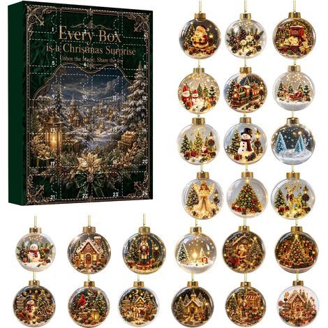 Weihnachts-Adventskalender, Überraschungsbox, Retro-Schneedeko, runder Acryl-Anhänger, Weihnachtsbaum-Anhänger, Geschenkbox mit Überraschungseffekt, 2D-Design (1/3)