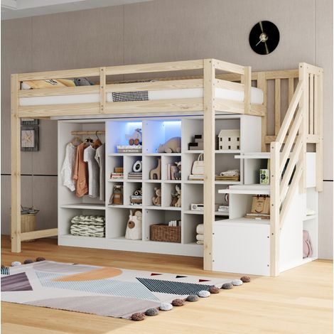 lit adulte rangement 90x200 bois blanc avec LED HAVRYA (1/5)