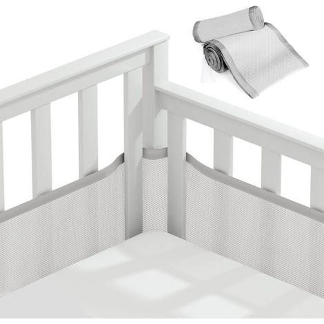 Baby Cot Bumper 340/160x30cm, Grey Baby Cot Bumper with Safe 3D Mesh Lining for Air Circulation, Suitable for All Types of Cribs