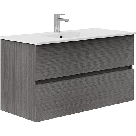 Meuble de Salle de Bain Deux tiroirs, Suspendu au Mur avec lavabo. Mélamine 16. Meuble monté. Meuble de 100 cm Cendre sans Miroir (1/5)