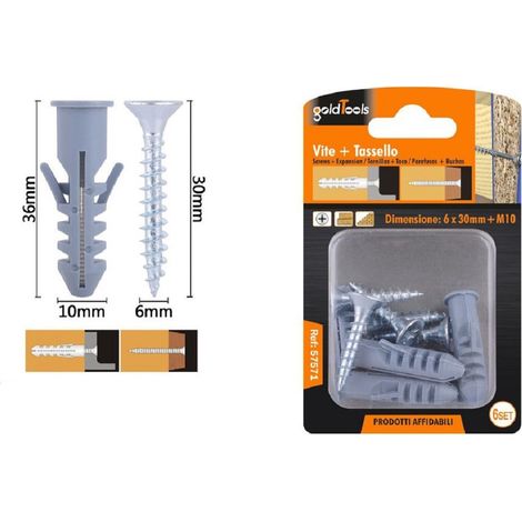 Kaela - Set 6 Pz Viti Vite Croce 6x30mm + Tasselli Con Alette Tassello M10 Fischer 57571 - (1/2)