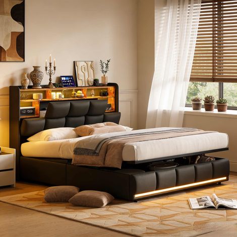 Lit double adulte 140x190 cm en cuir avec rangement modulaire de chevet, chargement sans fil et double éclairage d’ambiance