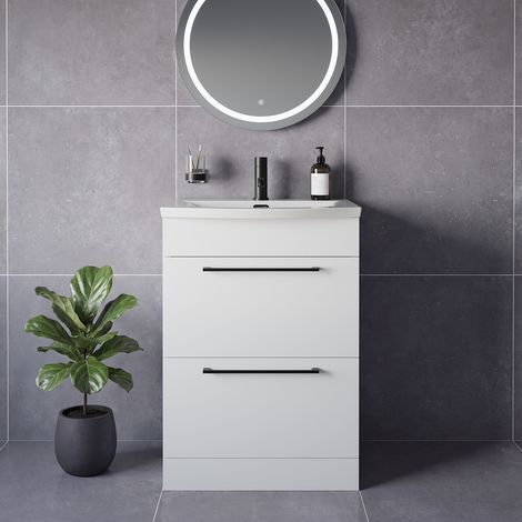 Napoli 390 Gloss White 600mm 2 Drawer Vanity Unit with Arc Basin - 600mm - Matt Black 320mm Handle