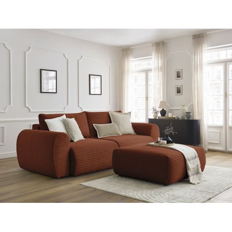 BOBOCHIC - Canapé droit convertible coffre LUCIEN gros côtelé doux avec pouf Orange (1/5)