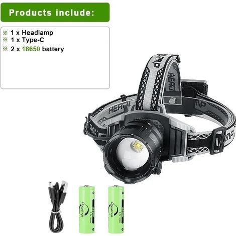 Lampe frontale LED 800 W avec faisceau longue portée haute puissance, lampe torche rechargeable USB, lampe de pêche (1/5)