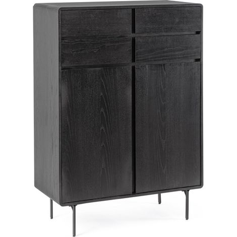 Mobile credenza "Widald" in mdf-legno di frassino, gambe in acciaio, per interno -Nero / 2 ante - 4 cassetti