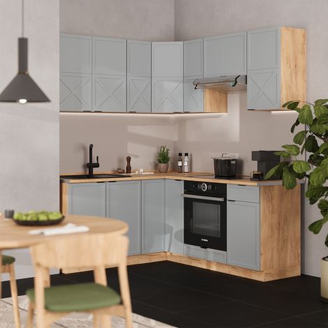 Cuisine en angle Fame-Line, Bleu clair-gris/chêne force d'or, 160 x 60 cm sans plan de travail, Vicco