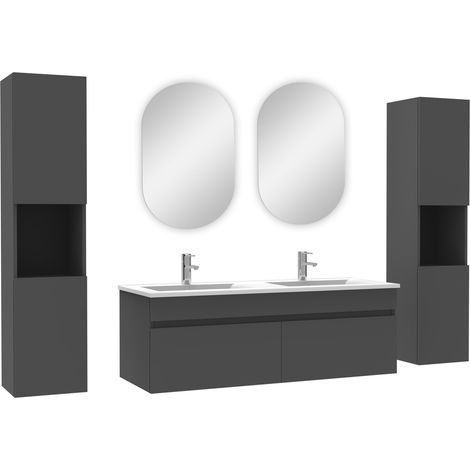 Océan ensemble meubles Salle de Bain double vasque 120cm, colonnex2 et miroir ovale Anthracite (1/4)