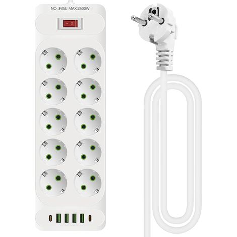 Multiprise plate 10 prises, multiprise USB avec parasurtenseur avec 10 fiches plates AC, 4 chargeurs USB et 2 prises de type C, multiprise avec câble de 2 m, multiprise (1/5)
