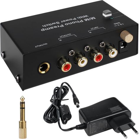 Préamplificateur phono : pré-amplificateur phono, préampli phono pour tourne-disque avec systèmes d'échantillonnage MM, entrée et sortie RCA, préampli phono avec bloc d'alimentation CC 12 V (1/5)