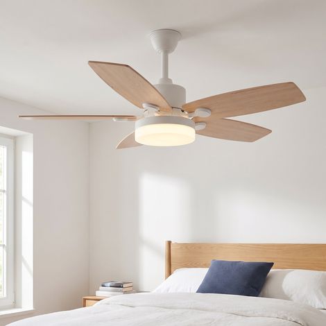 Ventilateur de plafond avec lumière LED, diamètre 106,6 cm, 3 températures de couleur et 6 vitesses, Moteur réversible, 5 Pales, Moderne, Chêne clair (1/5)