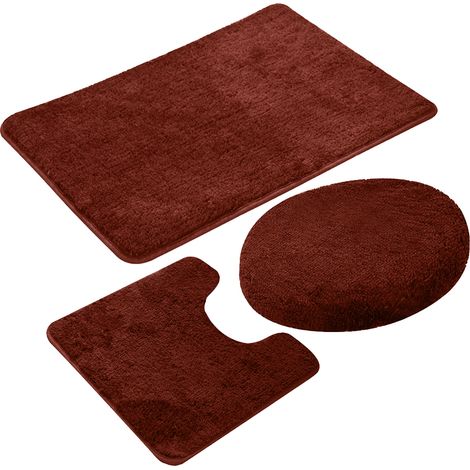 Collection Salle de Bain 3 Pièces - Inclut 1 Tapis de Contour, 1 Couvercle de WC, 1 Tapis de Bain Antidérapant à Dos Caoutchouc - Couleur Uni Orange Brique 6 (1/5)