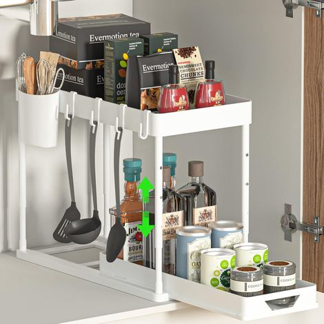 Organisateur/Rangement tiroir sous evier cuisine 2 étages, avec 4 Crochets, 8 Coussinets antidérapants et 1 gobelet Suspendu(Blanc) (1/4)