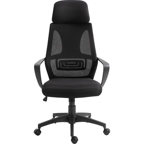 Siège de bureau réglable en hauteur, chaise de travail avec fonction de basculement. Chaise pivotante, avec accoudoirs, appuie-tête et appuie-tibias. Siège de bureau doté d’une finition en tissu noir. (1/4)
