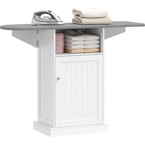 Mobile Asse da Stiro Pieghevole a Rotelle con Ripiano Aperto e Armadietto, 121x37x89 cm, Bianco e Grigio