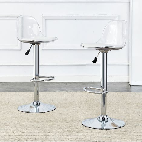 Lot de 2 tabourets de bar réglables, dossier transparent ergonomique, assise pivotante 360°, pieds métal argenté et base stable, pour cuisine ou comptoir CHICFURN (1/5)