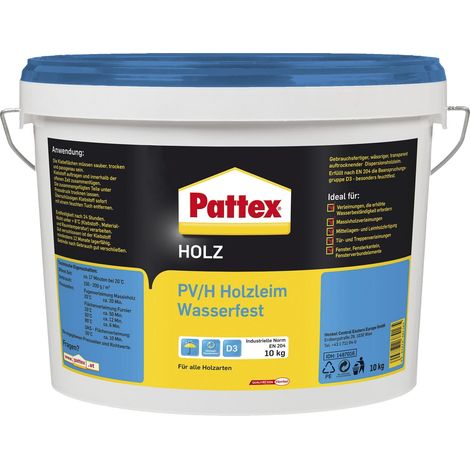 Pattex Holzleim wasserfest Leim D3 mit hoher Wasserbeständigkeit - Holzkleber extra stark für alle Holzarten - Holzleim für Treppen, Fenster und Massivholz, 10kg transparent