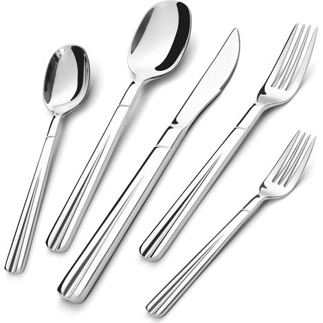 Set de Couverts pour 4 Personnes, Service de Table en Acier Inoxydable de 20 Pièces avec Fourchettes, Couteaux, Cuillères et Ustensiles de Service, Set d'Ustensiles de Coutellerie Poli Miroir (1/5)