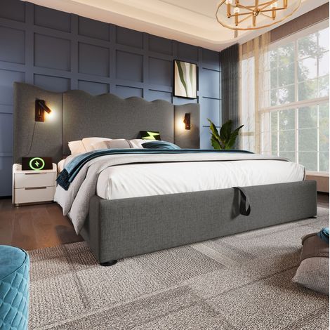 MEUBLIV Bettgestell 160x200 cm Grau – Stauraum mit Leselampe, ohne Matratze (1/5)