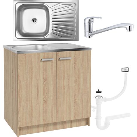 Meuble sous évier 80 cm en chêne sonoma – Évier inox résistant – Robinet à rotation chromée – Siphon inclus – Installation simplifiée