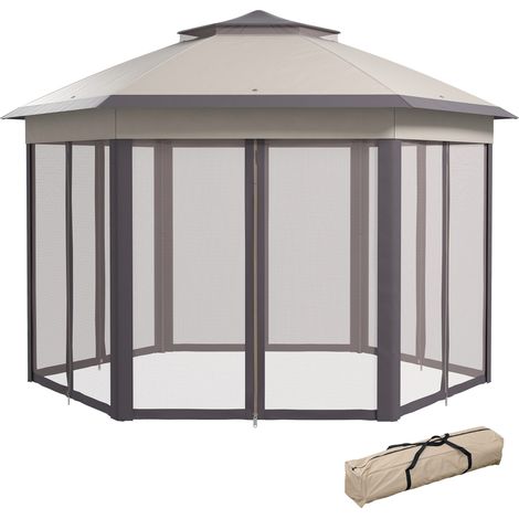 Pavillon de jardin pliable, tente pop-up 4 x 4 m, tente de réception avec sac de transport, 6 panneaux latéraux, double toit, hexagonal, beige
