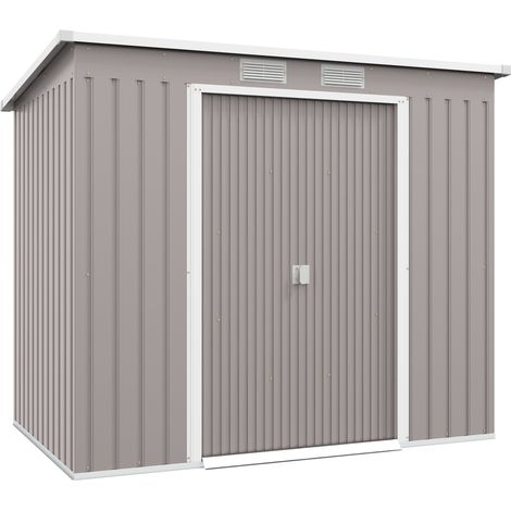 Casetta Box da Giardino 213x130x172 cm con Tetto Inclinato 2 Ingressi e Prese d'Aria in Acciaio Zincato Grigio