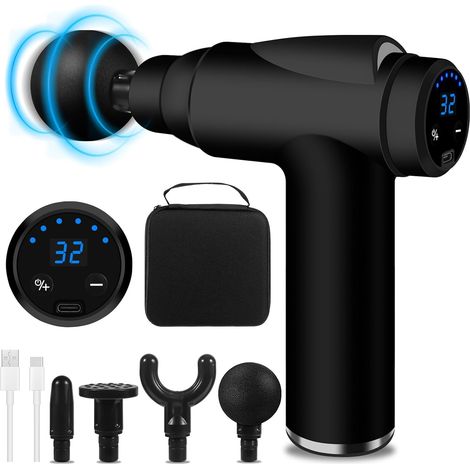 Pistolet de massage musculaire, 32 niveaux, 4 têtes et écran LCD, léger et portable, soulage les douleurs et les raideurs musculaires (noir)