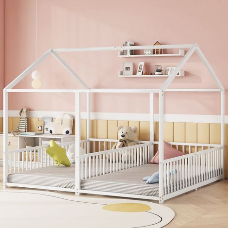 Lit cabane 90x200 cm métal blanc, barrière et échelle, sans matelas, design enfant (1/5)