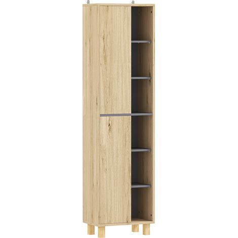 Colonne de rangement salle de bain en bois naturel, meuble avec 6 casiers ouverts et 2 armoires fermées (1/5)