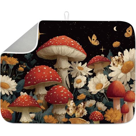 Tapis d'égouttoir à vaisselle en forme de champignon pour comptoir de cuisine 45,7 x 61 cm - Motif marguerite et papillon - Grand tapis moderne résistant à la chaleur pour robinet de table (1/5)