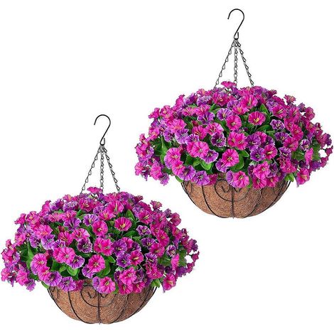 Fleurs artificielles suspendues avec panier – Résistantes aux UV – pour porche ou terrasse – Lot de 2 (1/5)