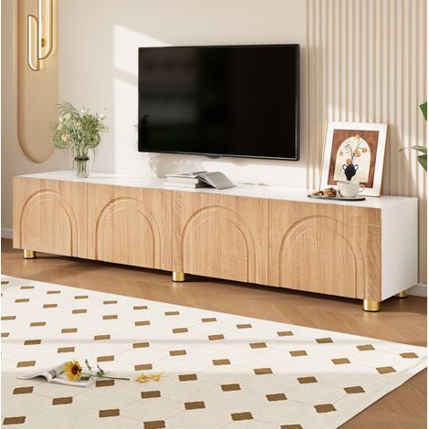 Meuble TV 4 portes à relief arqué, rangement salon, MDF et bois aggloméré, 180x35x40 cm, naturel/blanc (1/5)
