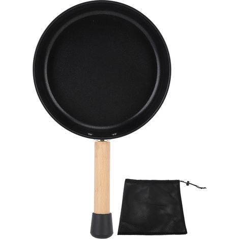 Poêle antiadhésive en acier inoxydable 304, poignée bois, portable avec sac de rangement, idéale pour camping et pique-nique (1/5)