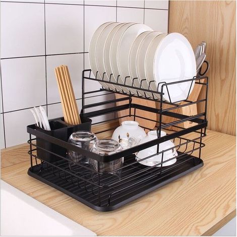 Egouttoir de cuisine modulable double niveau avec plateau - Grande contenance - Métal épais noir - Livraison gratuite