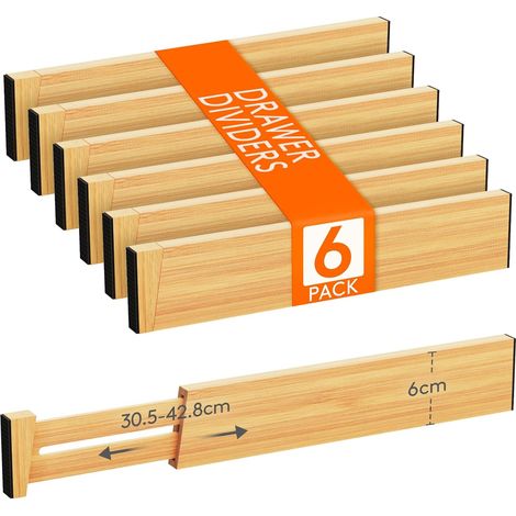 6 Séparateur De Tiroir, Extensible 30,5-42,8cm, Bambou Naturel, Organisateur Cuisine Salle De Bain (1/5)