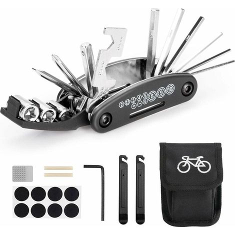 Herramienta múltiple para bicicleta, herramientas 16 en 1 para bolsa de herramientas portátil para bicicleta con herramienta de cadena y palanca de parche para neumáticos, parche autoadhesivo para bic (1/5)