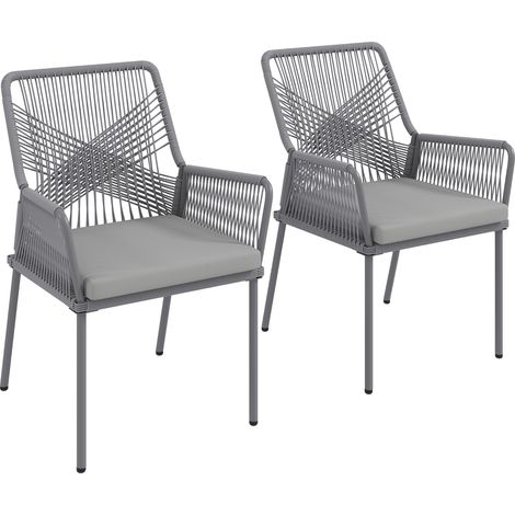 Ensemble de 2 chaises de jardin, chaises de terrasse, coussins lavables, dossier, accoudoirs, acier, rotin, gris foncé