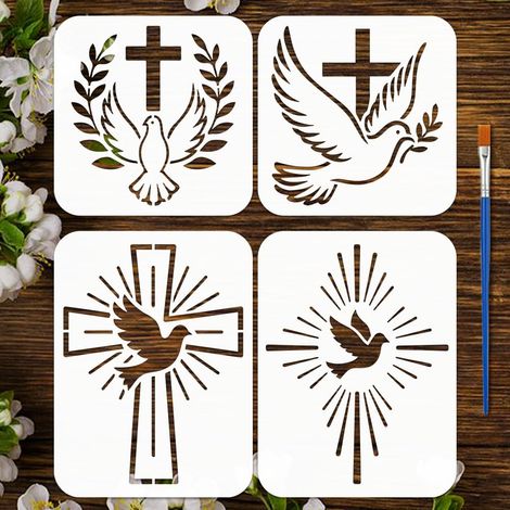 4Pcs Pochoir Peinture Colombe Croix avec Pinceau, 2 Tailles Réutilisable Pochoirs Peinture Colombe de Paix Pochoirs Silhouette Pigeon Modèle Thème Animal pour DIY Scrapbook Décor Mur (1/5)