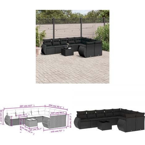 10-tlg. Garten-Sofagarnitur mit Kissen Schwarz Poly Rattan - Gartenmöbel Set - PE-Rattan Möbel - Outdoor Lounge - Esstisch Set - Gartenlounge - Home & Living (1/3)