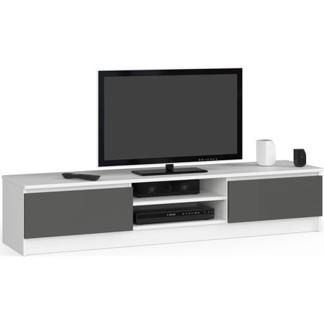 Akord – Meuble TV blanc 160 cm – 2 portes battantes gris graphite – 2 étagères ouvertes – Panneau stratifié – Design moderne
