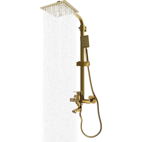 Senderpick – Colonne de douche hydromassante 3 fonctions – Douche à effet pluie 20x20cm – Hauteur réglable 85-124cm – Laiton doré – Tuyau inox 1,5m (1/5)