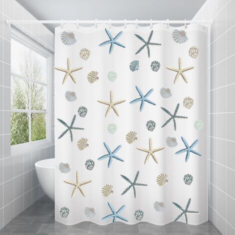 Rideau de douche 180x180 cm, rideau de douche en Peva imperméable et anti-moisissure, avec 12 anneaux de rideau, motif étoile de mer (1/5)