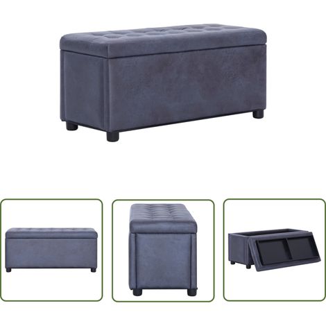 The Living Store Pouf de rangement 87,5 cm Gris Similicuir daim - Pouf De Rangement - Pouf Coffre - Banc Avec Rangement - Meuble Multifonction - Décoration Intérieure (1/5)