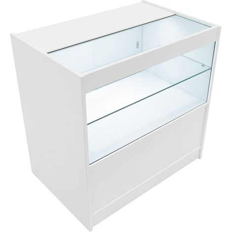 Comptoir de Vente en MDF Blanc LED Blancs Intégrés C900 3 Étagères Portes Coulissantes Verouillables Rangement Commerciale Vitrine en Verre Acceuil Réception Bureau Vêtements Bijoux [2 Clés INCLUS]